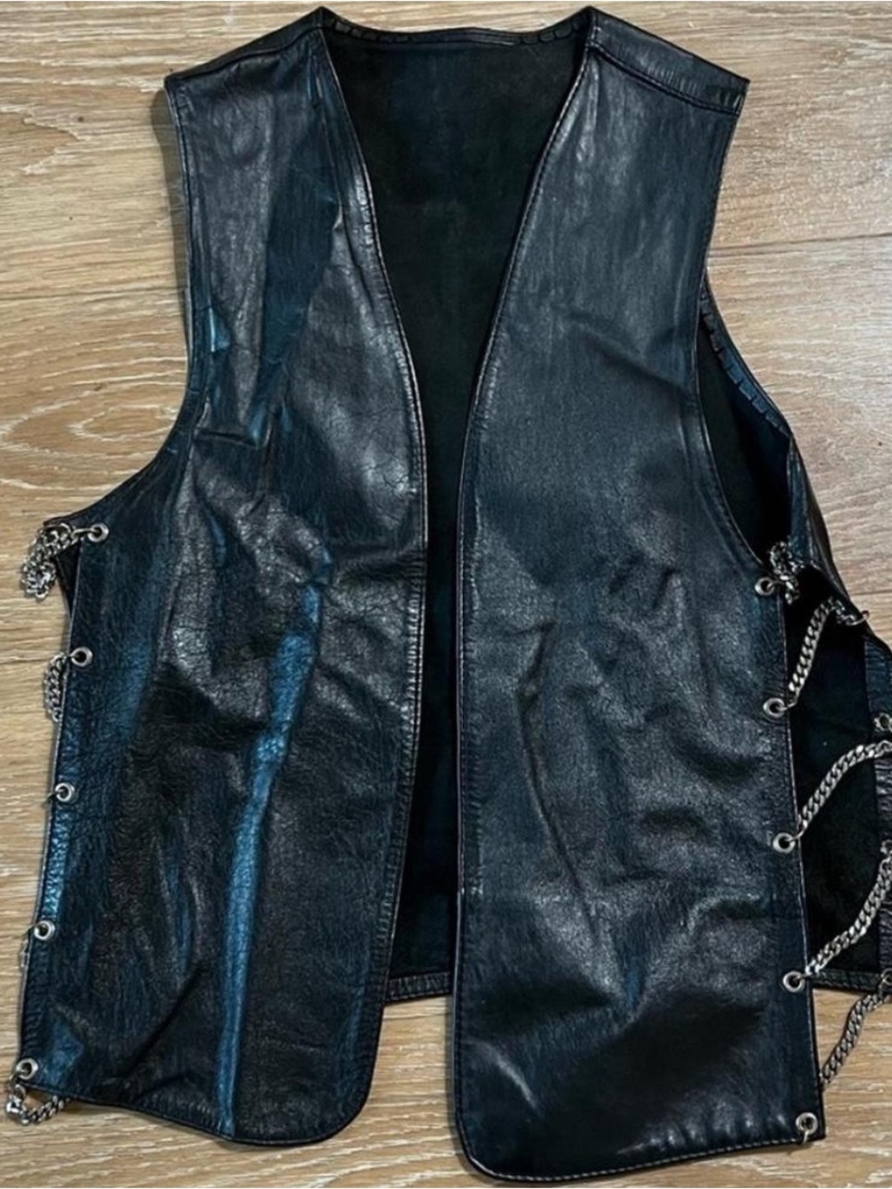Vintage Black Leather Chain-Lace Vest